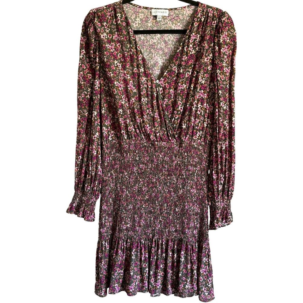Lucky Paris Floral Smocked Waist Dress L Purple Green Cottagecore Chic
